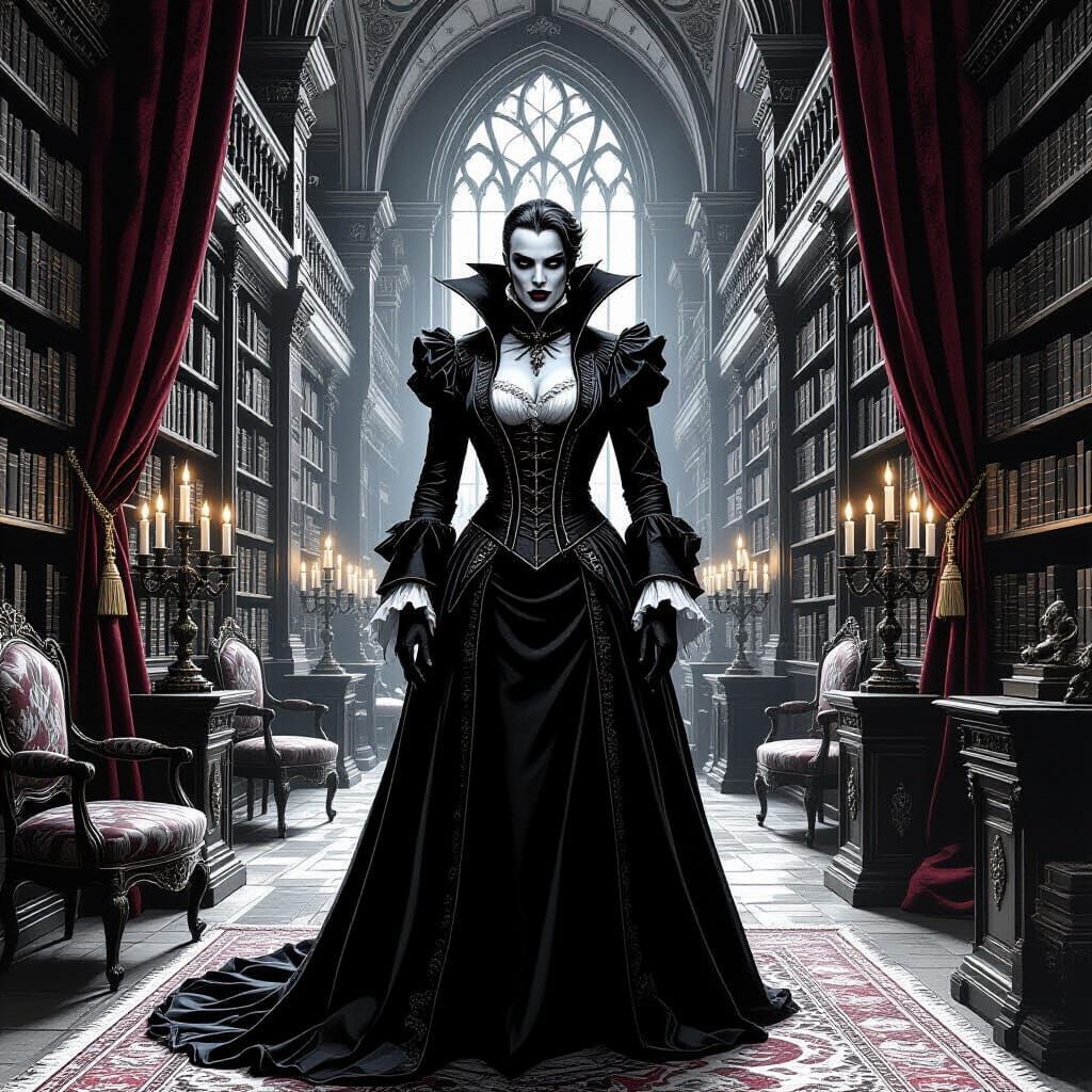 Gothic Vampire in Library: Hyperdetailed Charcoal Drawing