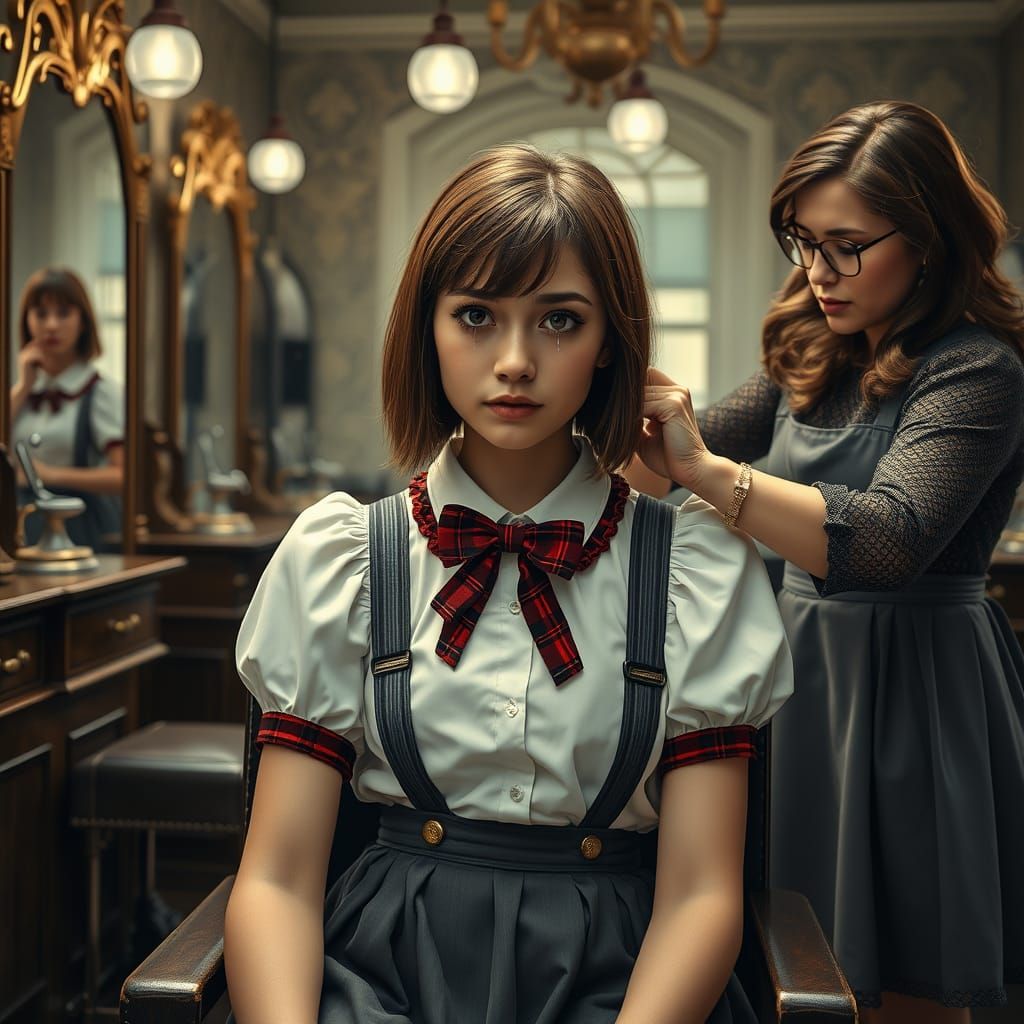 Melancholic Portrait of a Young Woman in a Vintage Hair Shop
