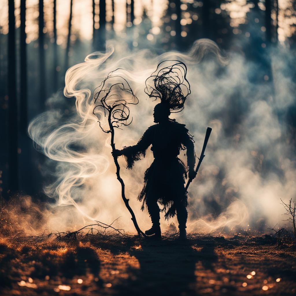 Smoky Shaman Silhouette by Forest Fire