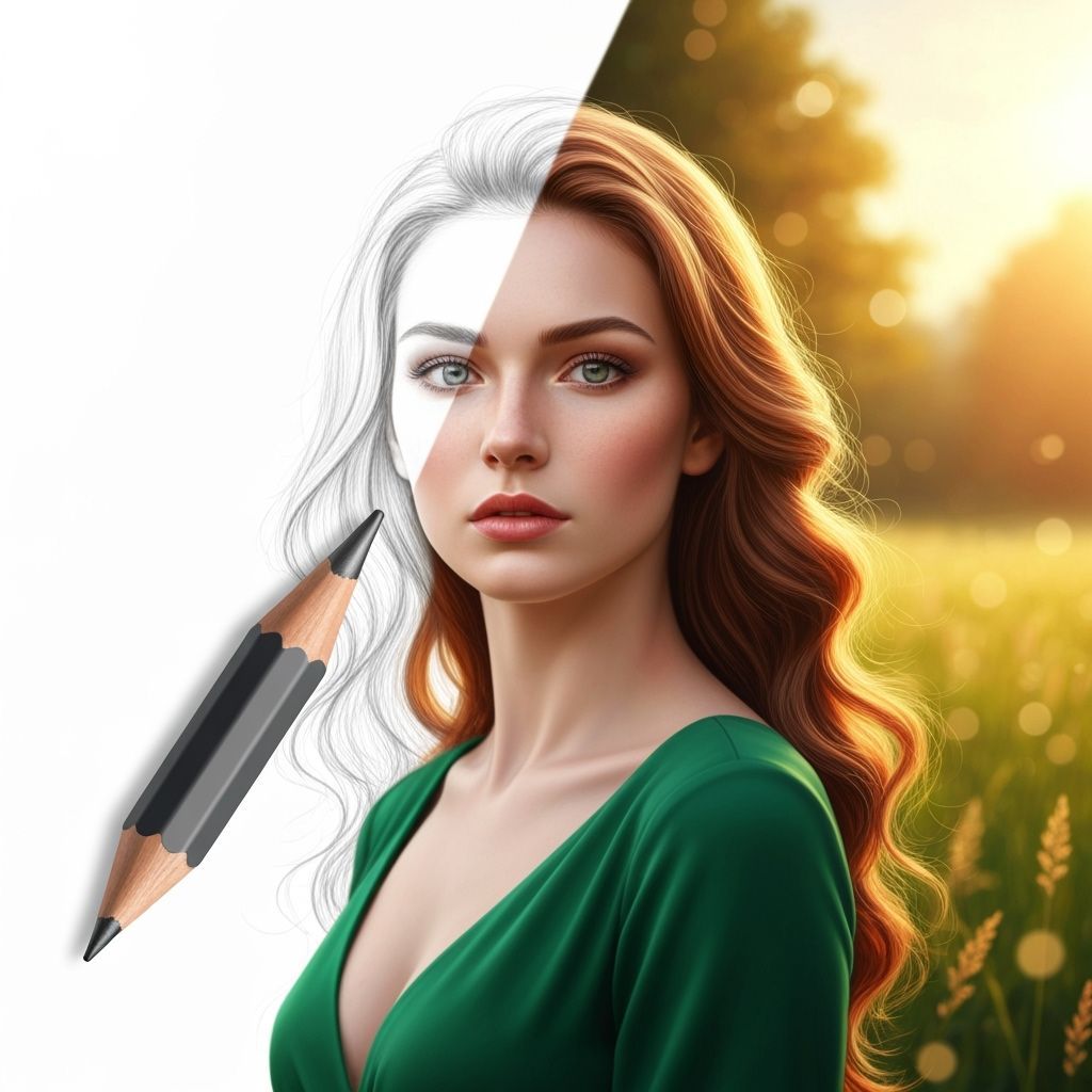 Pencil Tip Unveils Woman in Sunlit Meadow