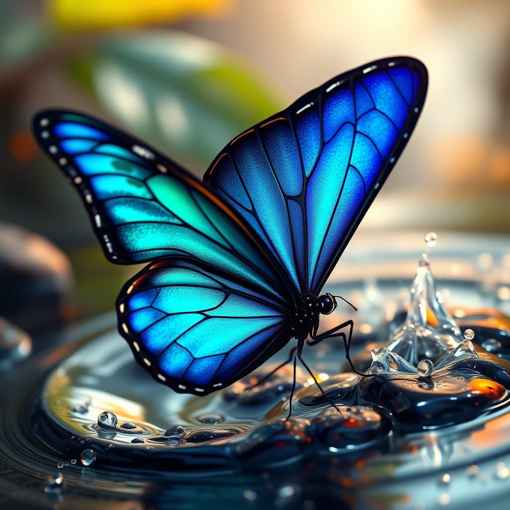 Iridescent Blue Butterfly Shimmers in Water's Embrace