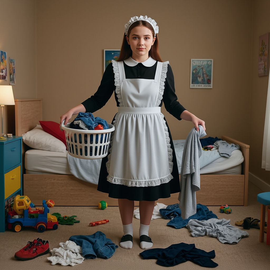 French Maid Cleans Cluttered Boy's Bedroom