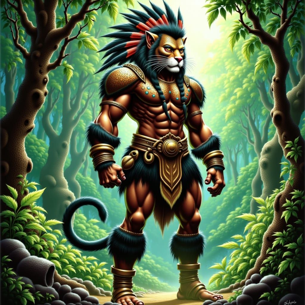 Jaguar Warrior in Lush Jungle Clearing