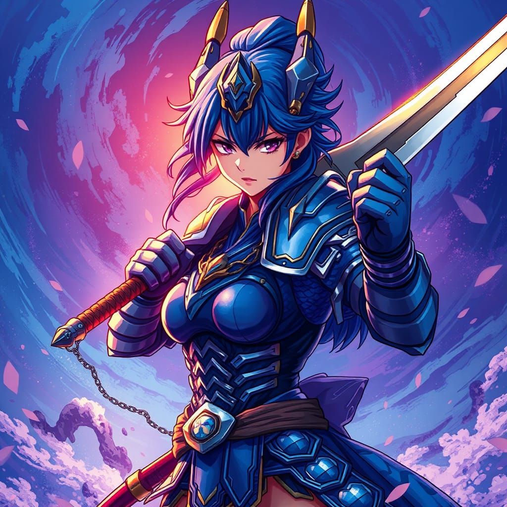 Blue Dragon Girl Swordsman in Manga Style