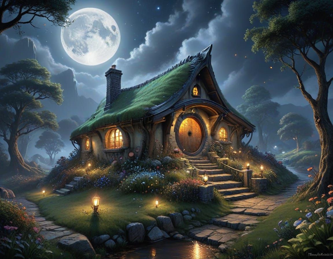 Hobbit House Under Ethereal Moonlit Sky