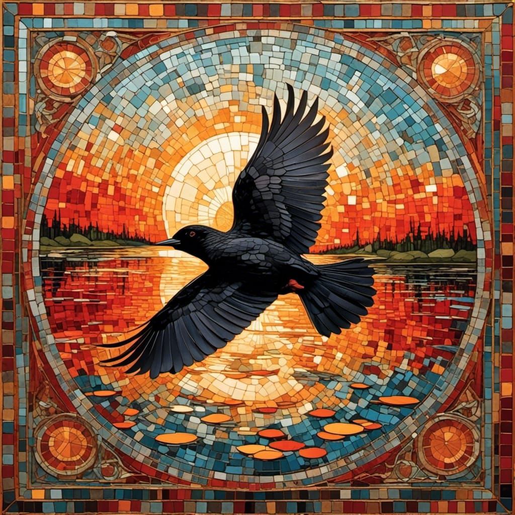 painting of a Red Wing Blackbird flying over a lake and a large sun with sunbeams stretching  out to the land intricate ...