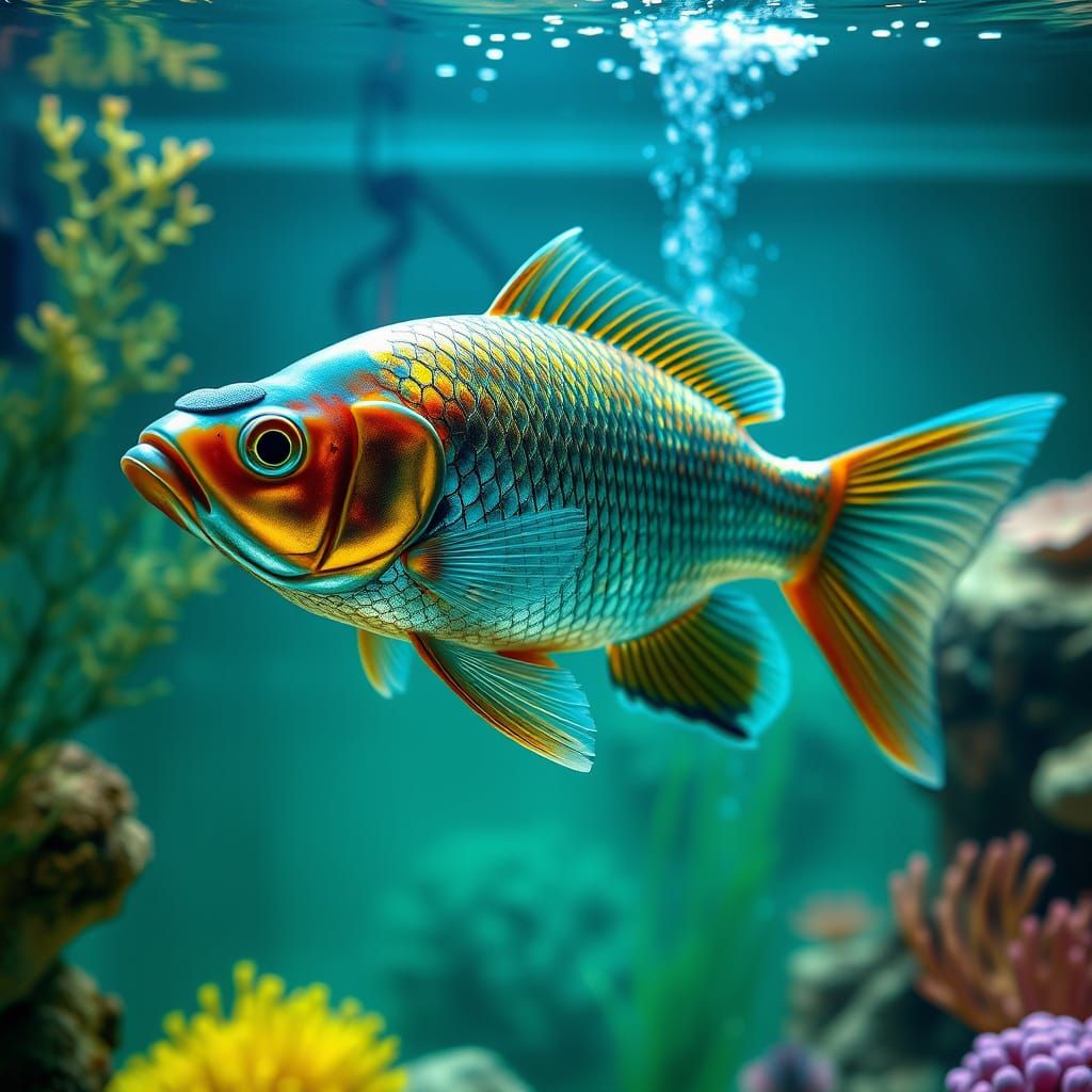 Glowing Blue Coy Carp in a Vibrant Aquarium Scene