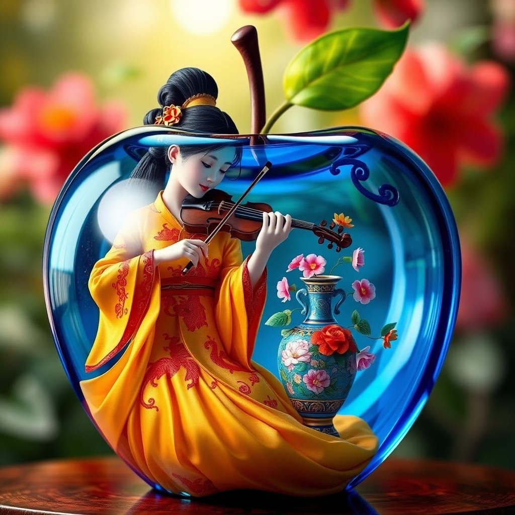 Blue Glass Apple with Violinist: Macro Photography