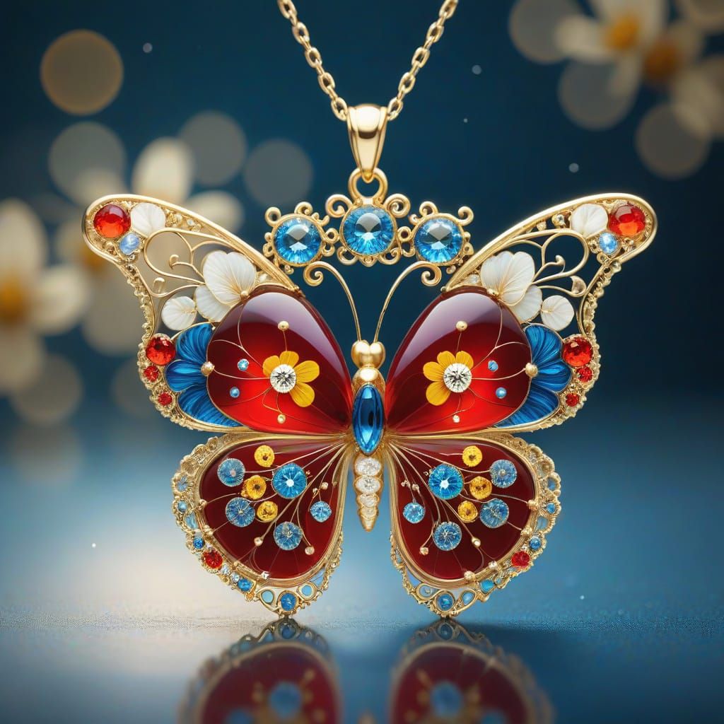 Glowing Red and Blue Butterfly Pendent in Klimt-Inspired Sty...