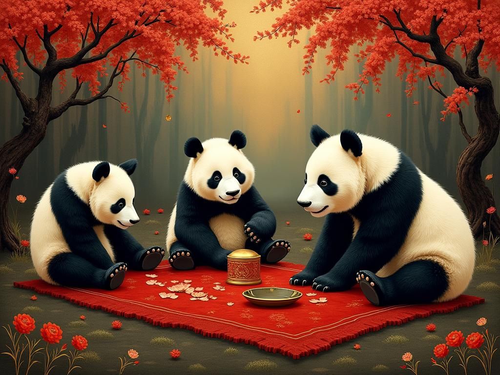 Pandas Picnic in Dark Velvet Painting Style