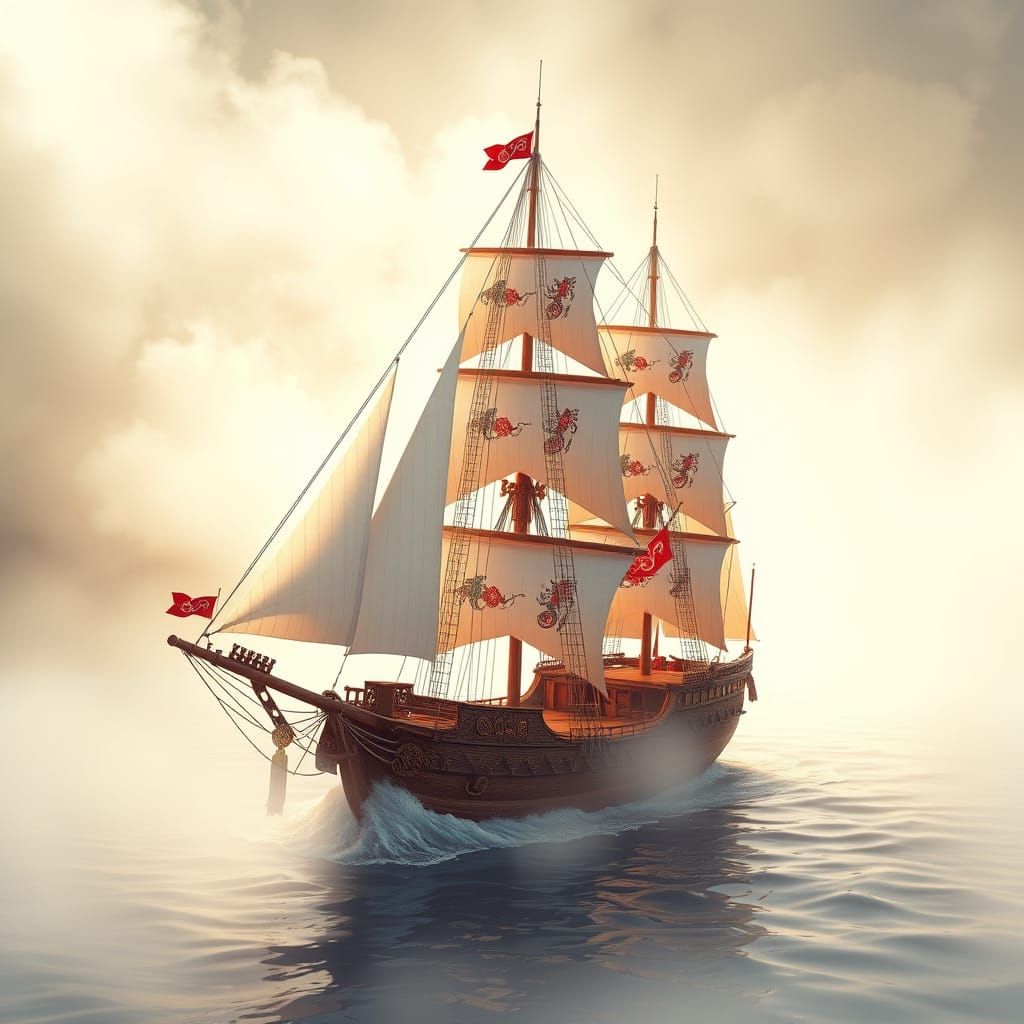 Japanese Sailing Ship in Anime-Inspired 3D Art