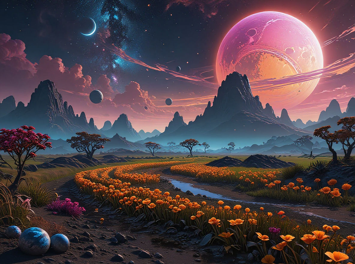 Vibrant Alien Farmland Under a Night Sky