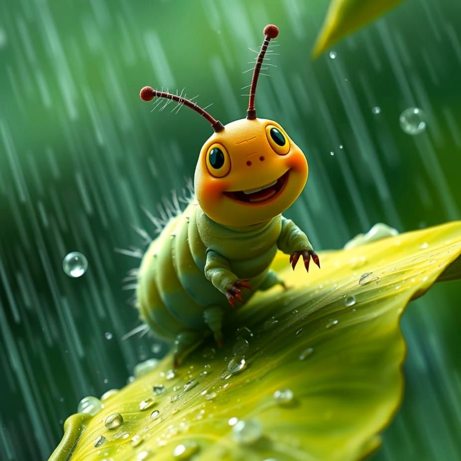 Caterpillar Surfing a Leaf in Rainstorm