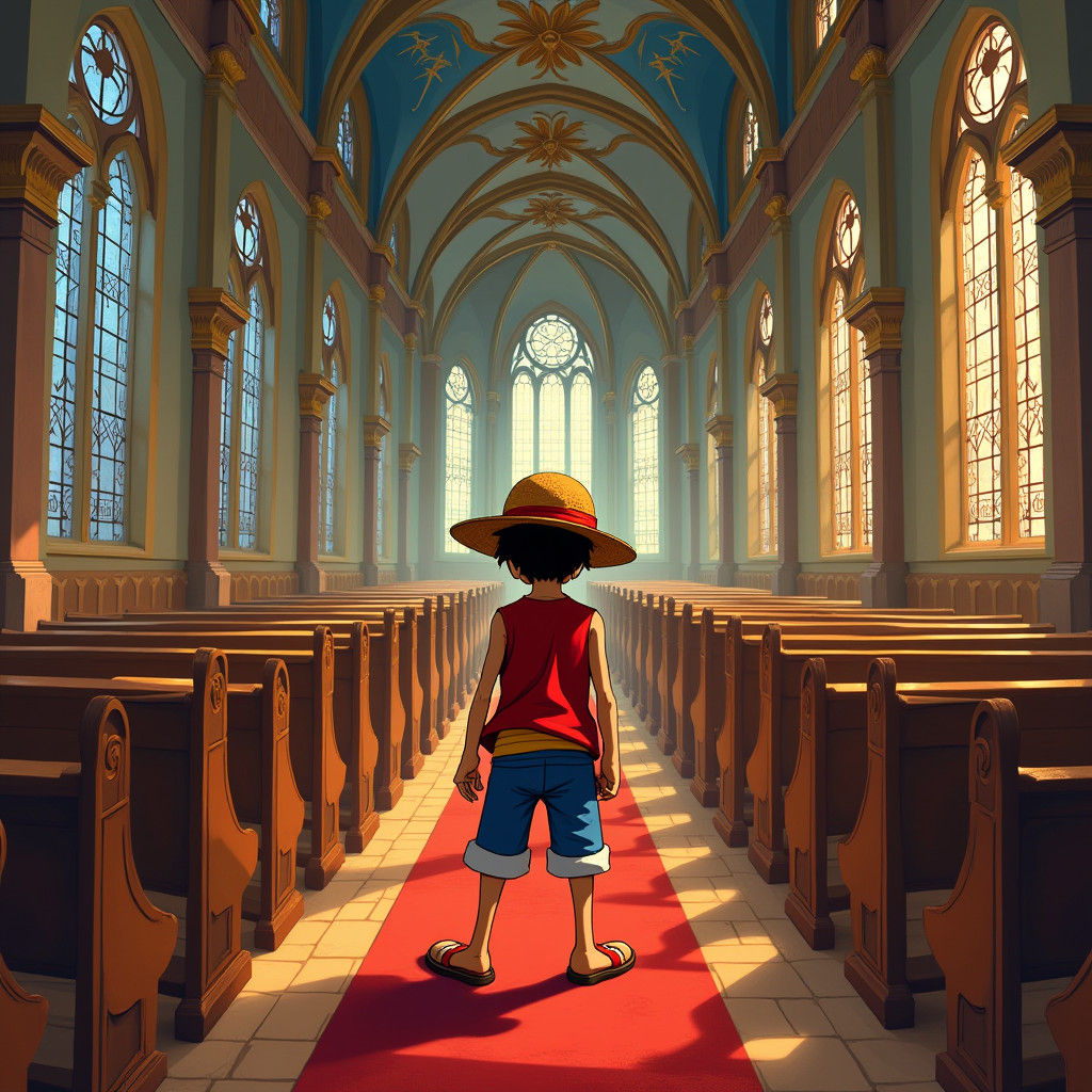 Luffy in Ornate Church, Digital Art Style