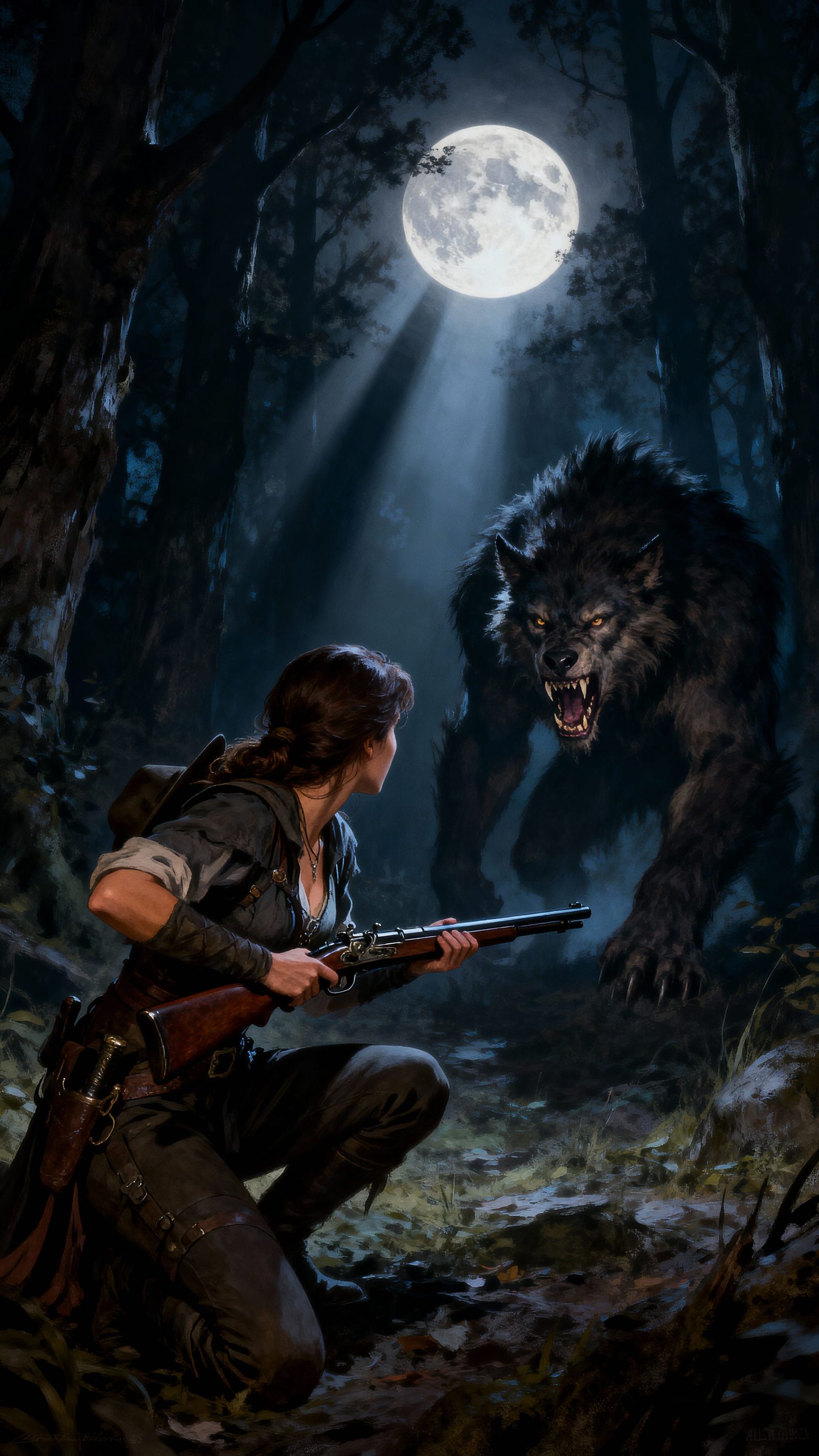 Female Hunter Confronts Werewolf in Moonlit Forest