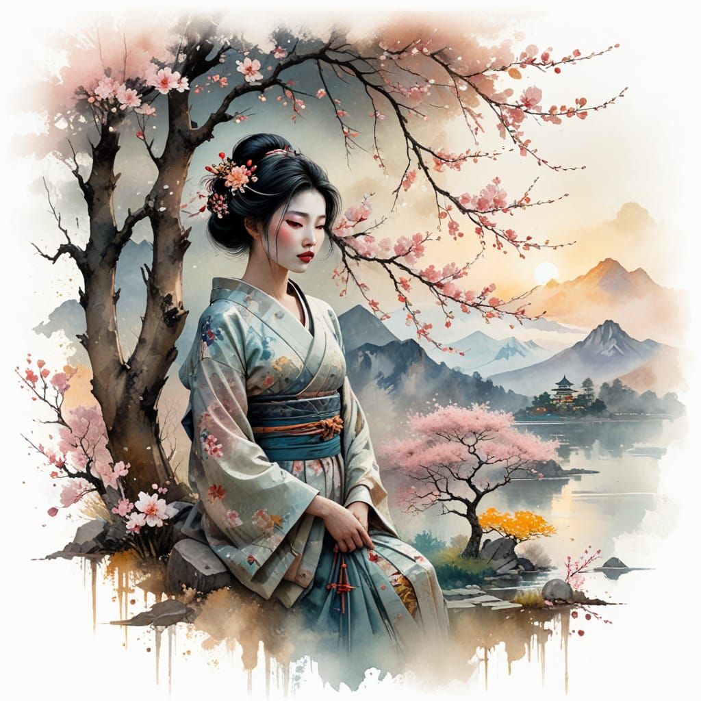 Dreamlike Geisha in Whimsical Watercolors