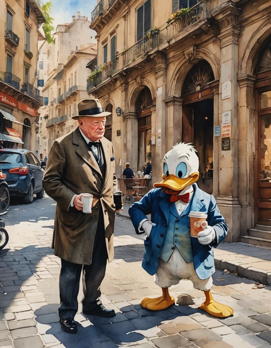 Churchill and Donald Duck in Naples: Watercolor Sketch