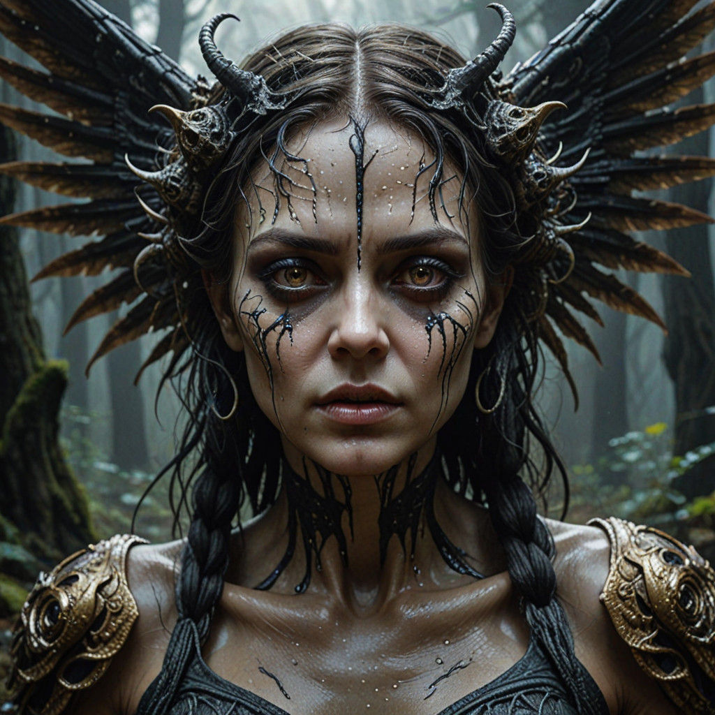 A Petrified Fairy in Dark Forest, Gothic Horror Style