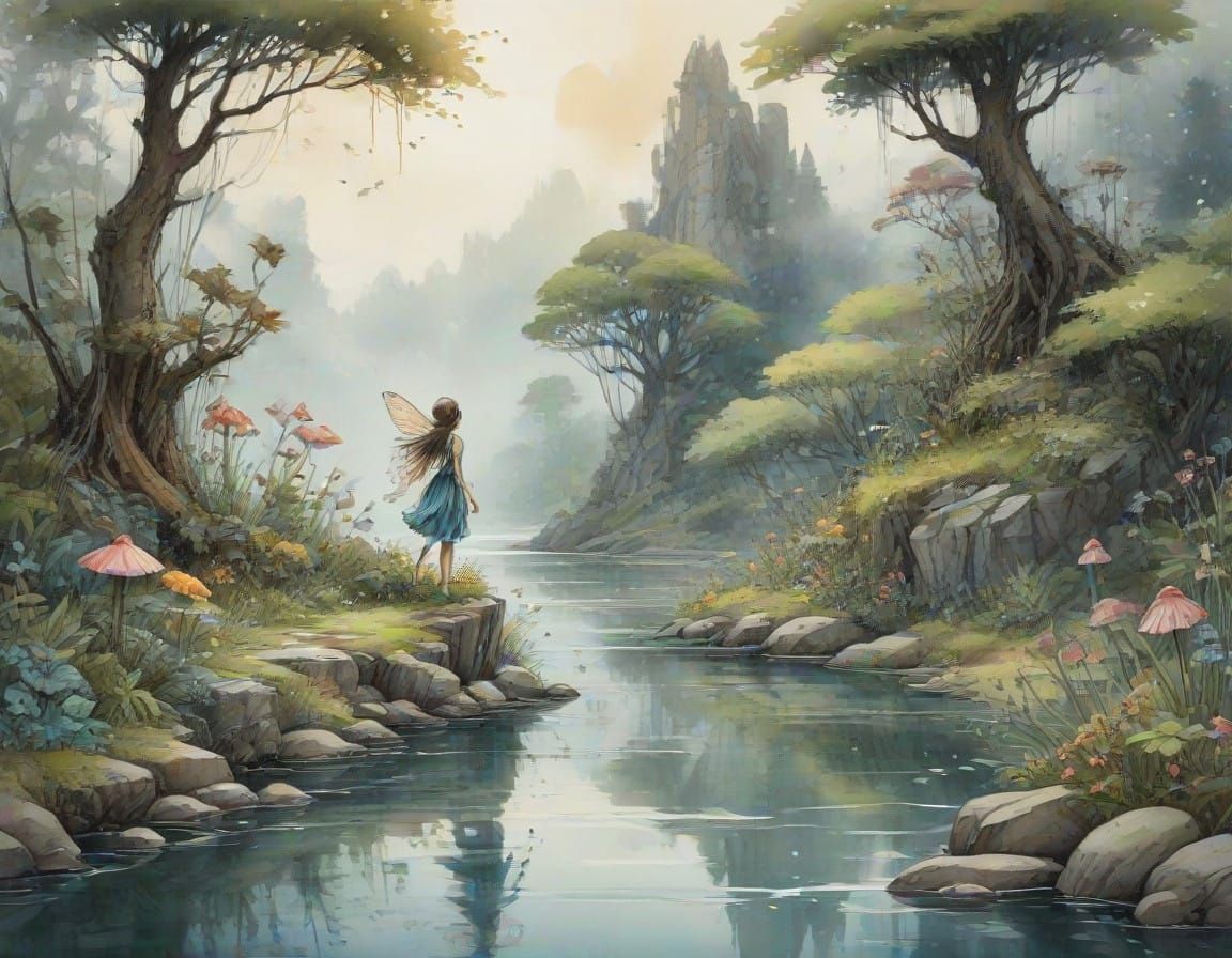 Fairy in a Whimsical Landscape, Watercolor Painting