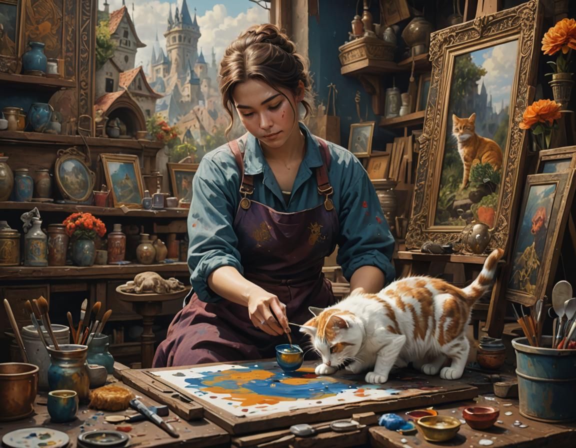 Painter's Detailed Matte Painting of a Cat