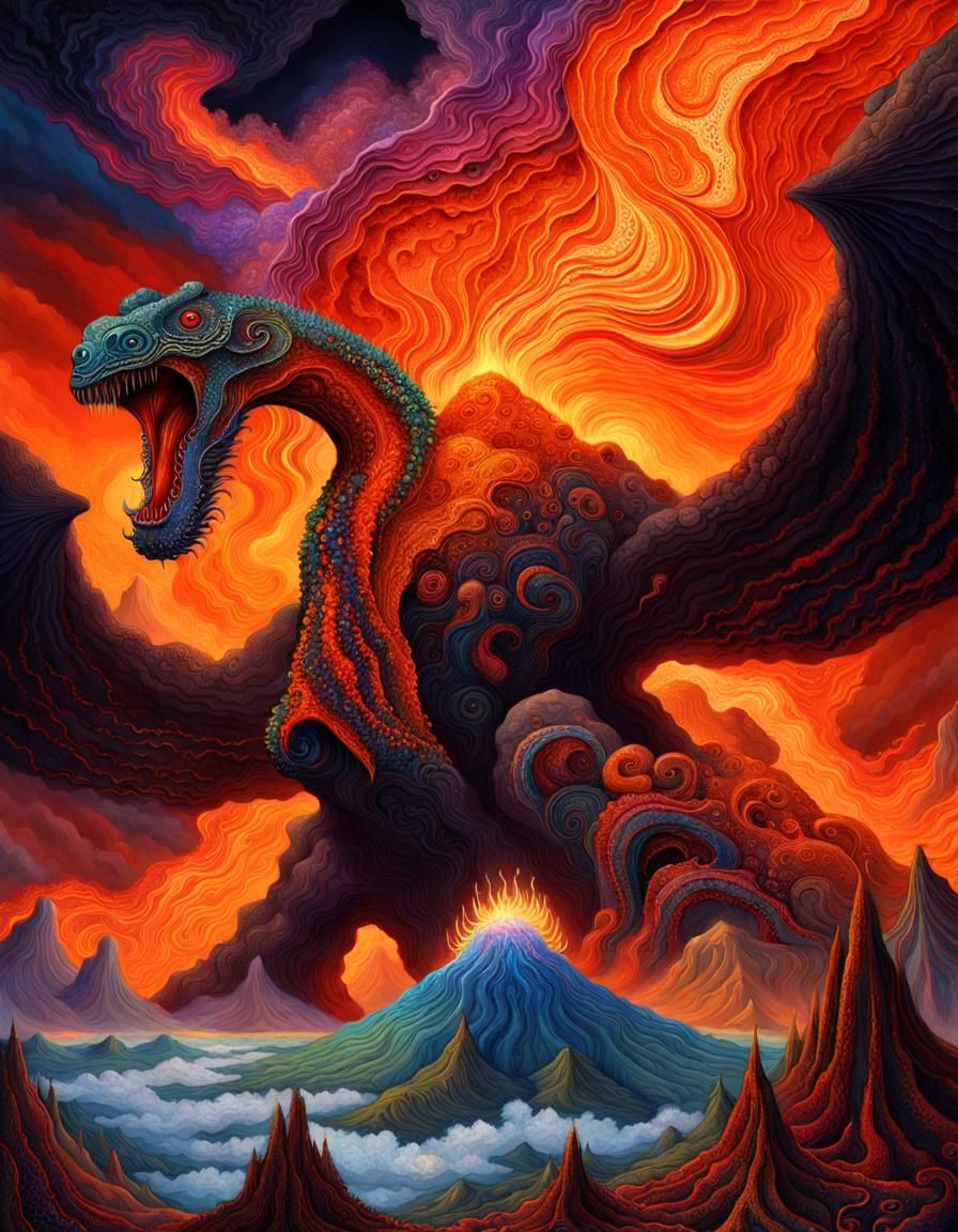 Volcanic Creature Emerges in a Triadic Color Explosion