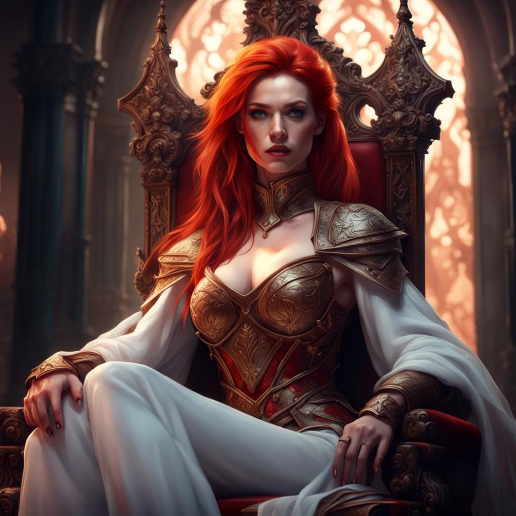 Red-Haired Queen on Throne: Fantasy Oil Painting