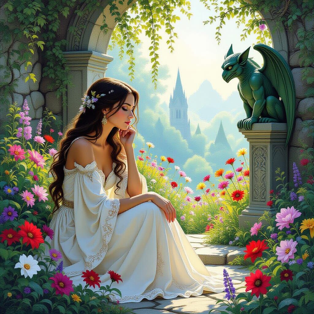 Mystical Garden Scene with Guardian Gargoyle