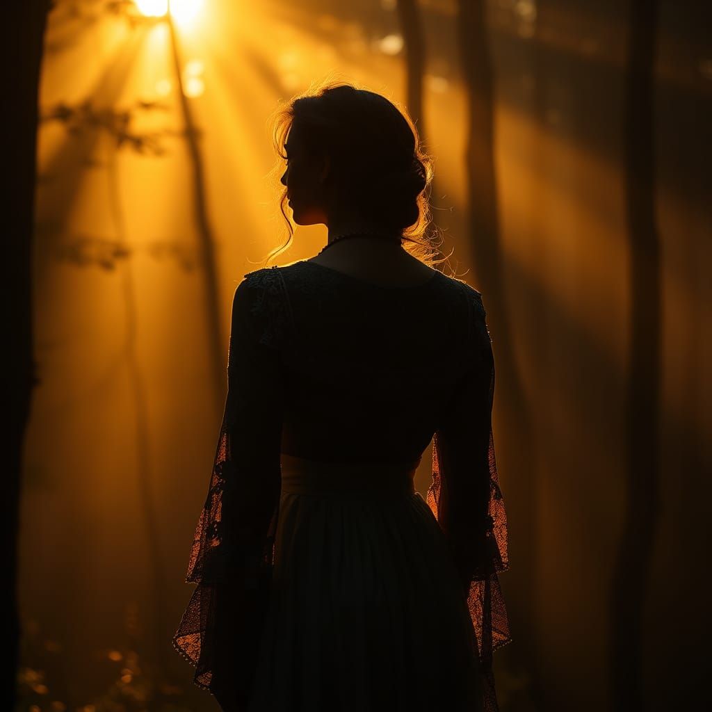 Mysterious Woman in Misty Forest at Sunset