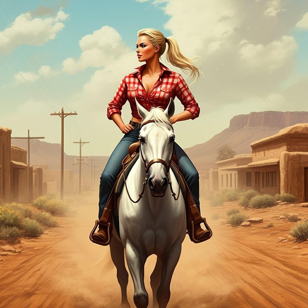 Woman Riding White Horse in Retro Style