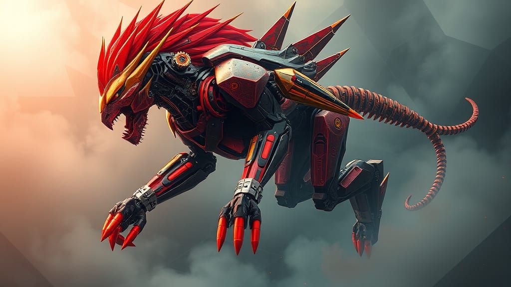 Red Gold Mecha-Fighter in Cybernetic Cityscape