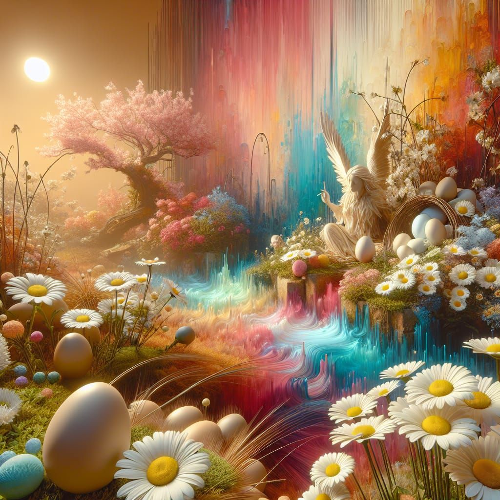 Hyperrealistic Daisy Garden Easter Scene in 1960s Style