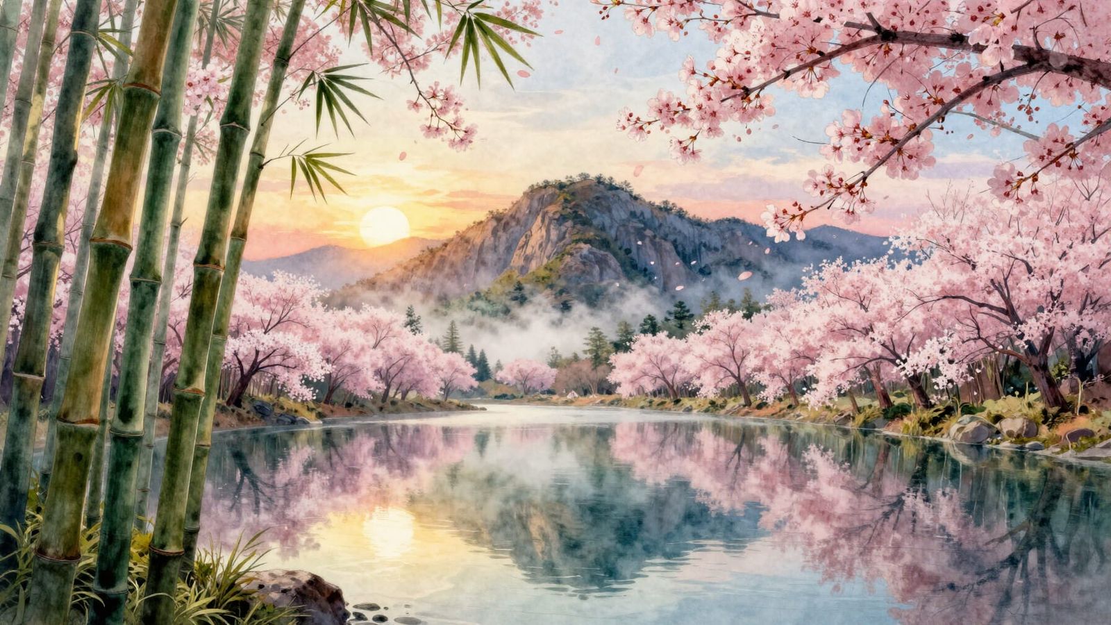 Misty Bamboo Lagoon at Sunset in Pastel Watercolor Style