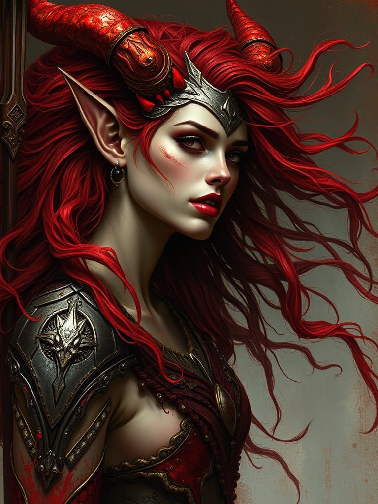 Blood Red Demon Woman with Flowing Hair