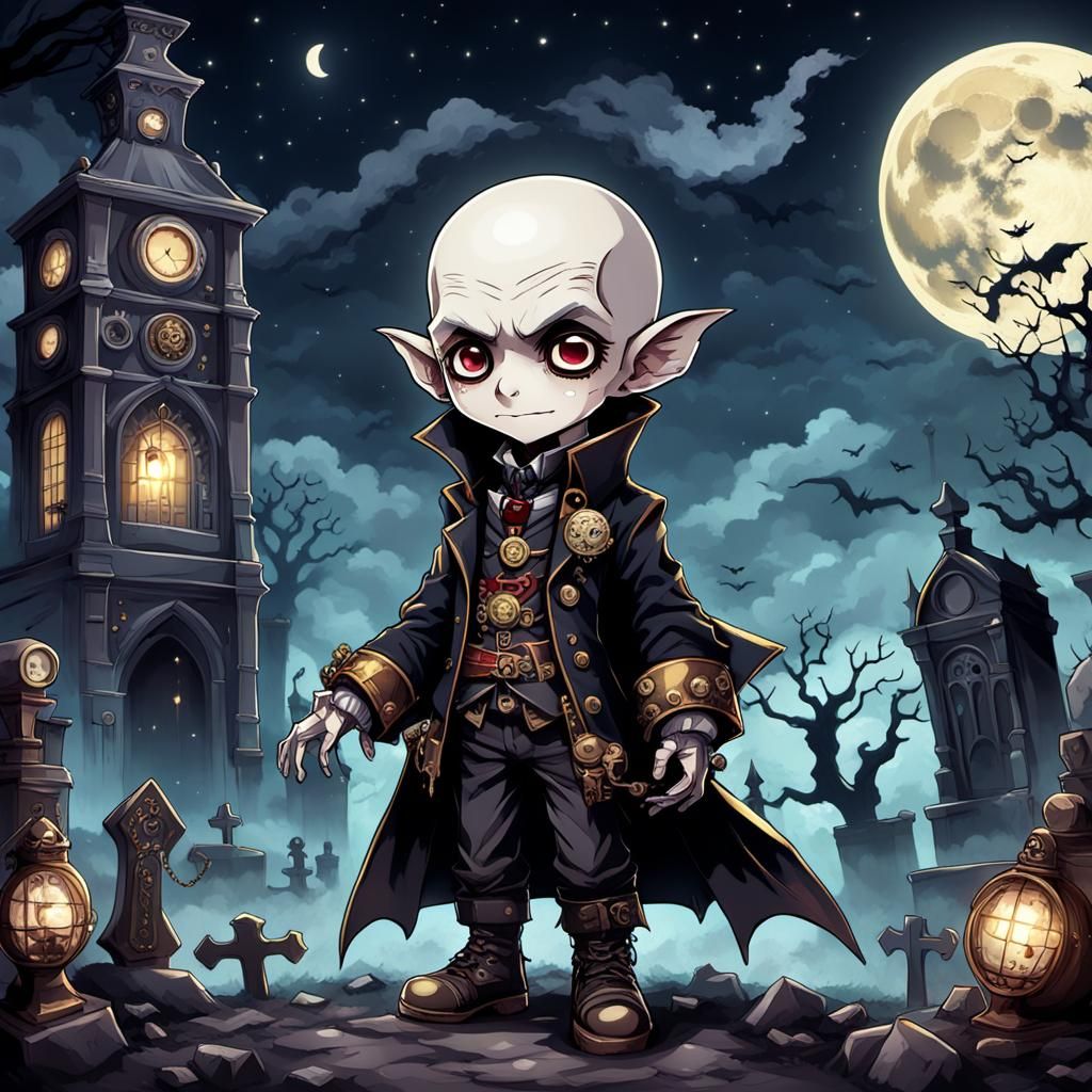 Steampunk Chibi Nosferatu in Gothic Graveyard