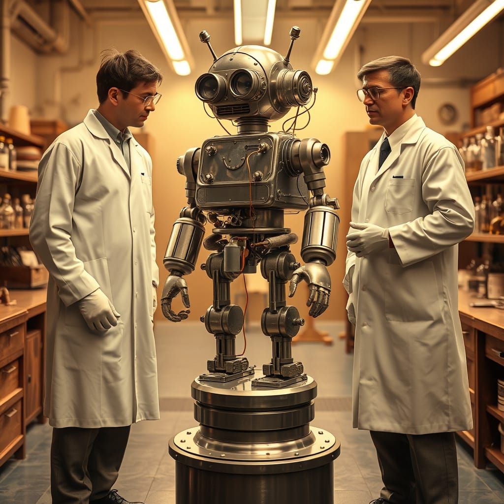 Scientists Marvel at Vintage Mechanical Robot in Sepia-Toned...