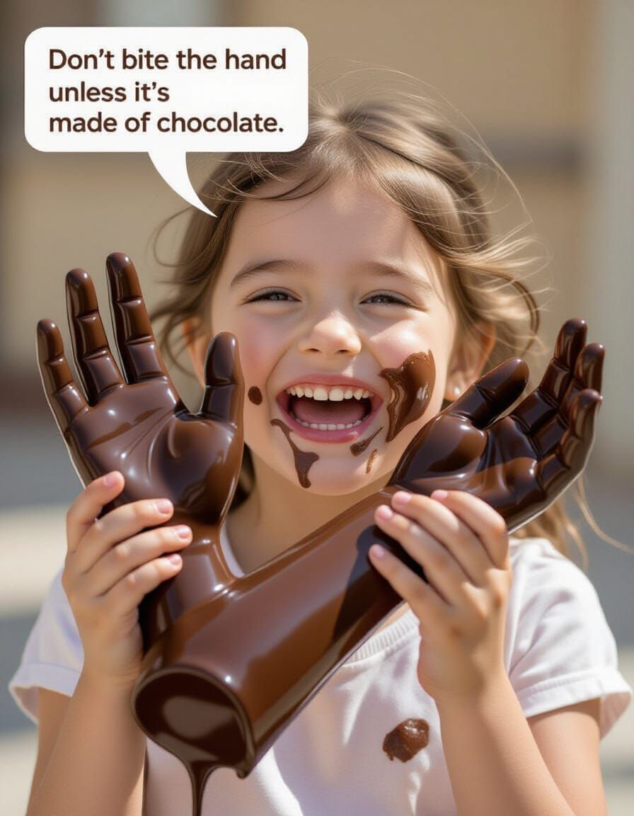 Joyful Girl Eats Realistic Chocolate Hand Sculpture