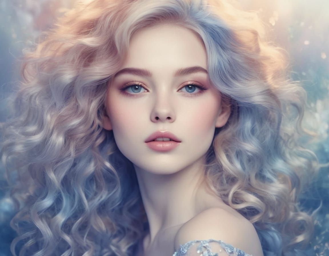 Elegant Woman in Whimsical Setting with Soft Curls and Paste...