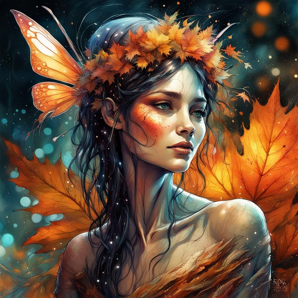 Autumn Fairy Enchantress in Detailed Watercolor Style