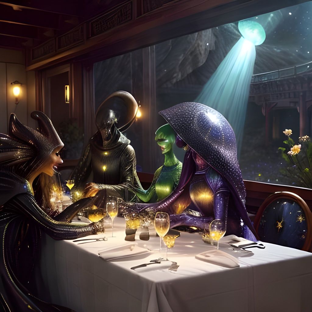 Surreal Alien Restaurant Celebration: Hyperreal Digital Pain...