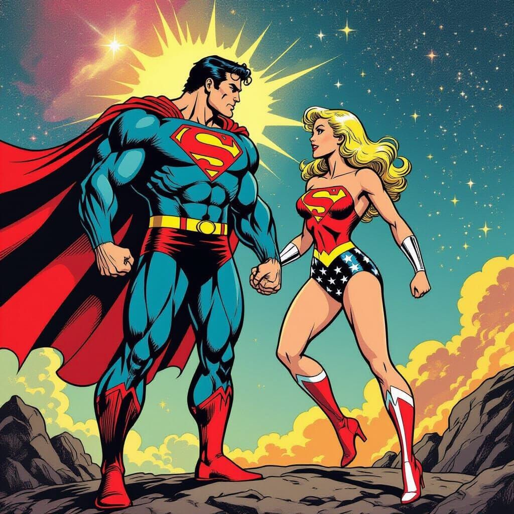 1917 Hercules Superman Meets Blonde in Retro Cosmic Comic Ar...