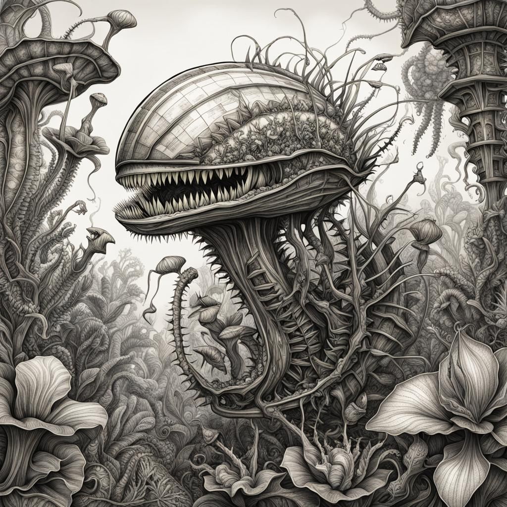Sci-Fi Biomechanical Venus Flytrap Ink Drawing