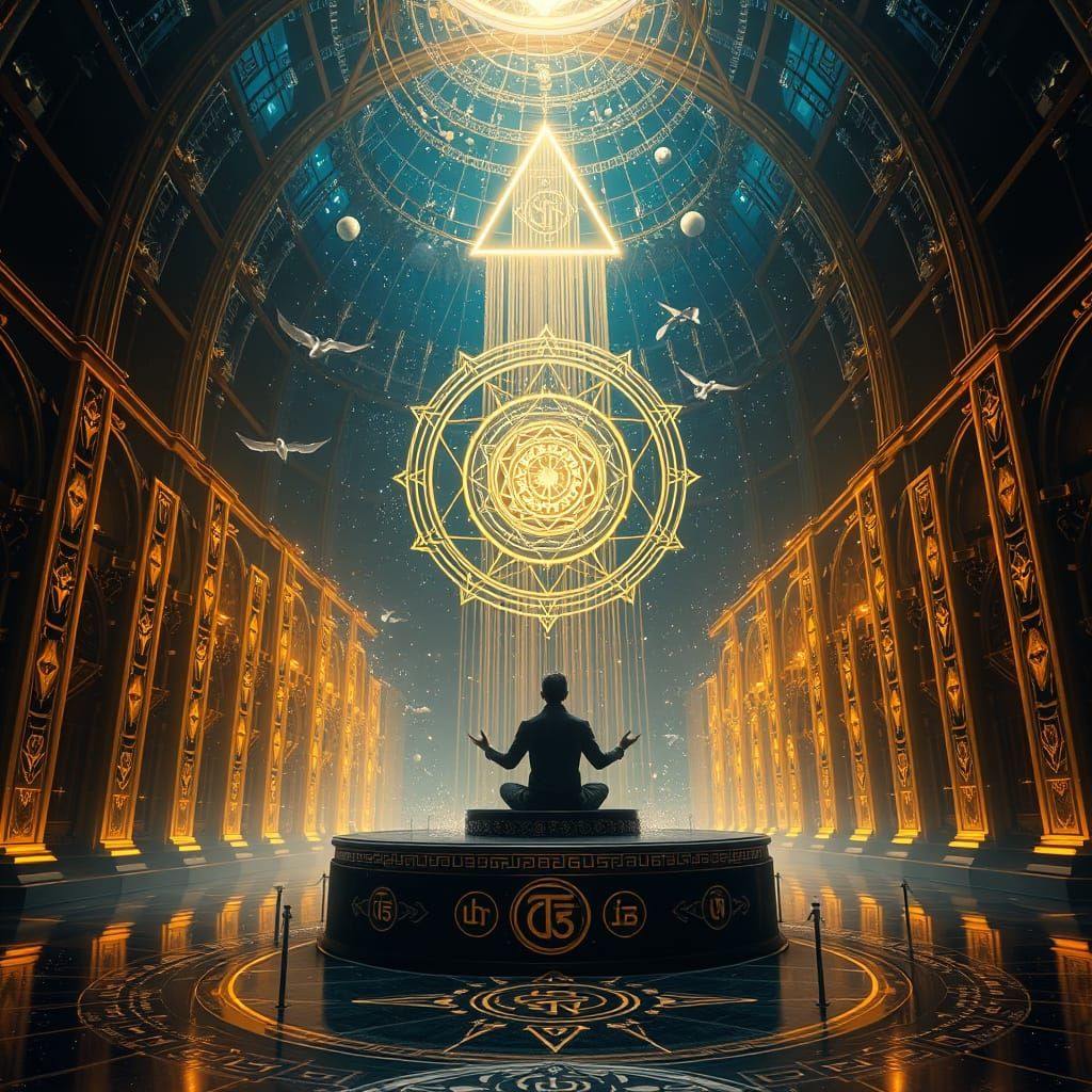 Cosmic Cathedral with Architect Meditating on Glyph