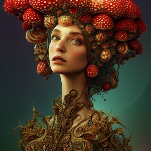 Fly Agaric Goddess Portrait in Biomechanical Rococo Style