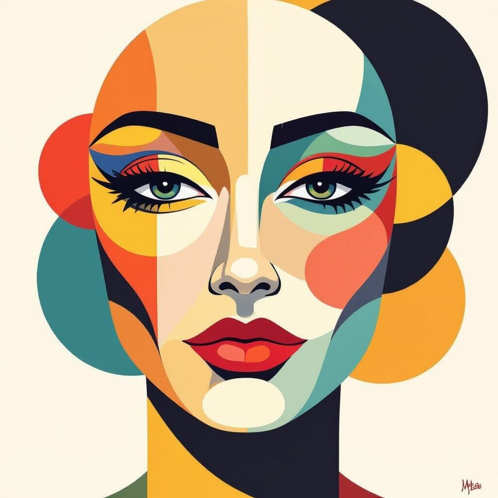 Geometric Face Art with Red Lips in Minimalist Style