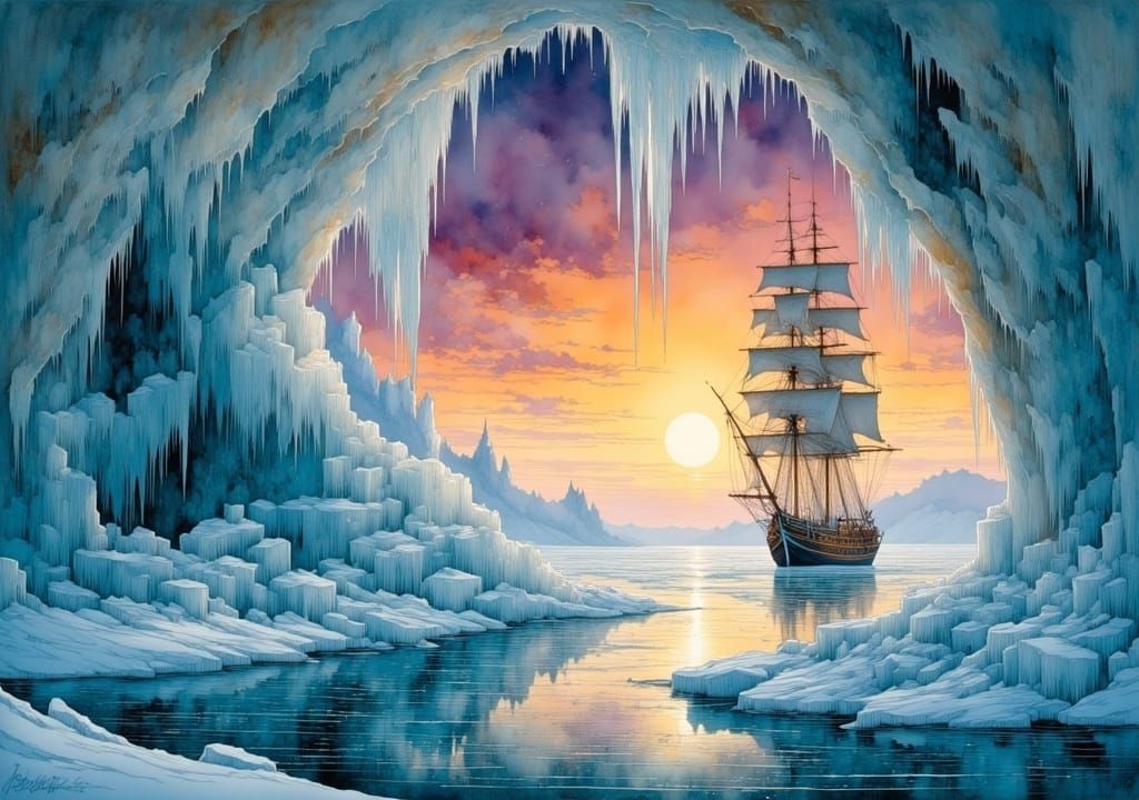 Sailing Ship at Sunset in Frozen Landscape
