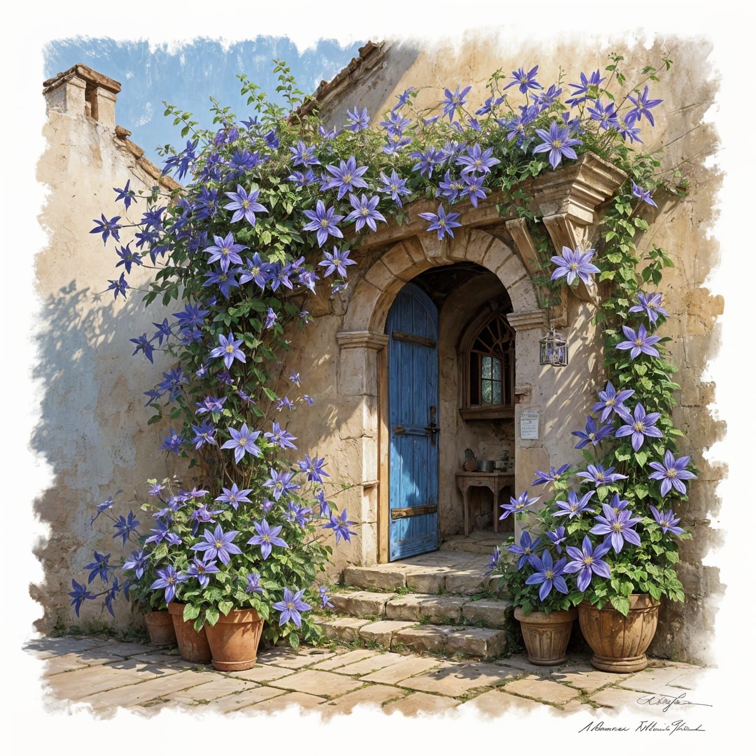 Blue Clematis Blooms Around a Rustic Doorway in Fine Art Sty...