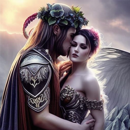 Orc and Fae Woman Kiss: Romantic Digital Art