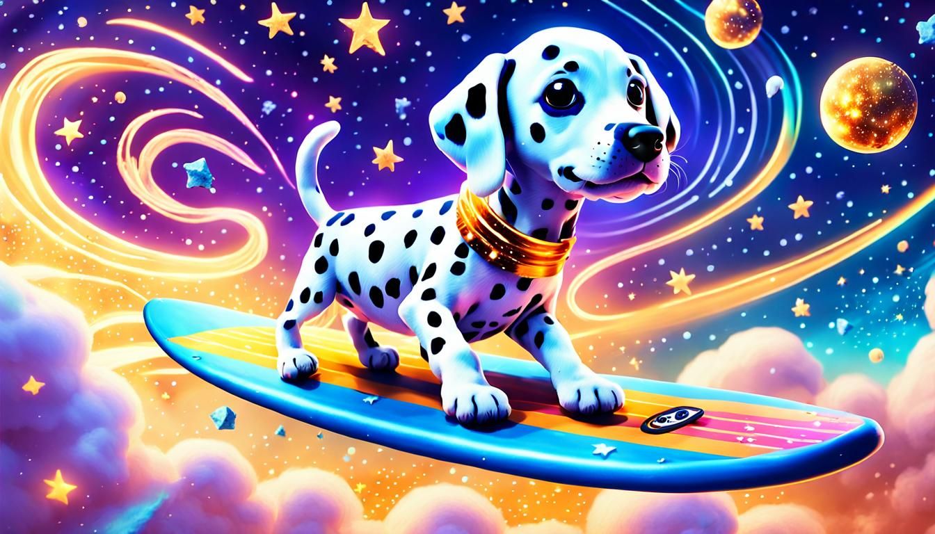Kawaii Dalmatian Puppy Surfer Soars Through Cosmic Dreamscap...
