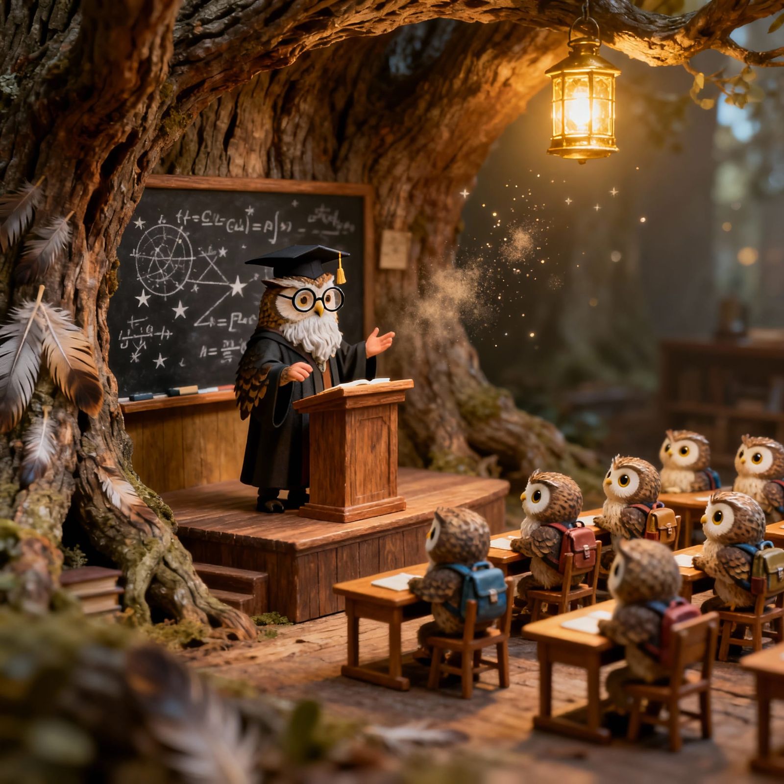 Wise Owl Professor Teaches Baby Owls in Tree Classroom Diora...