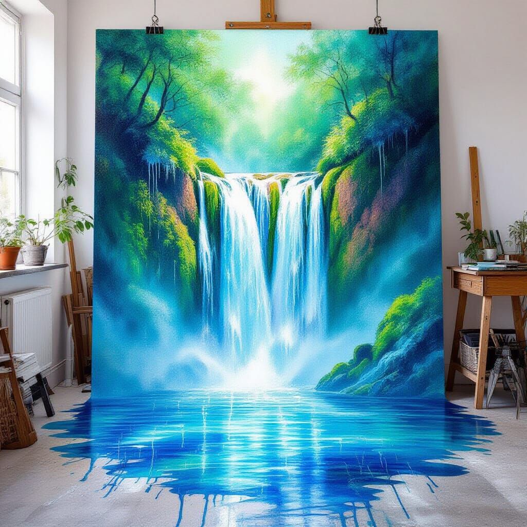 Surreal Waterfall Painting Drips Onto Studio Floor